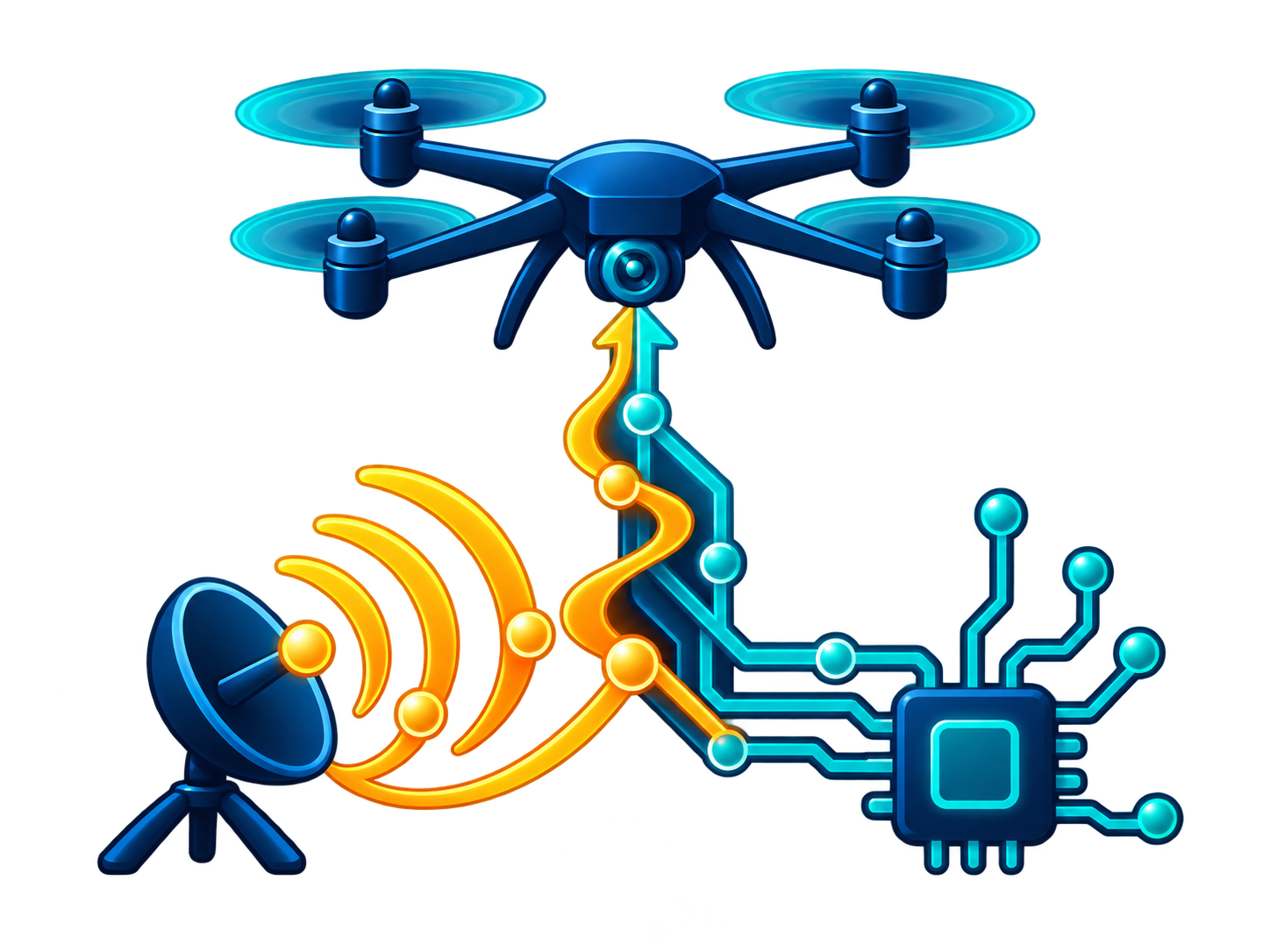 Concept illustration of electromagnetic waves from an antenna and cyber circuit paths merging into a shared pathway toward a UAS.