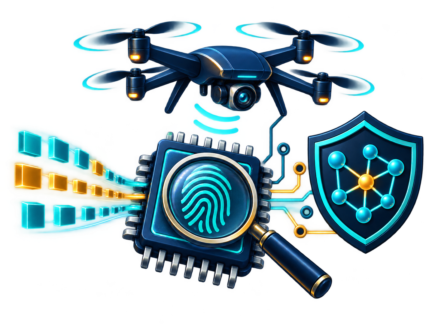 Concept illustration of a UAS above a firmware chip inspected through a fingerprint magnifier, varied data inputs representing fuzz testing, and a neural-network shield representing trustworthy AI.