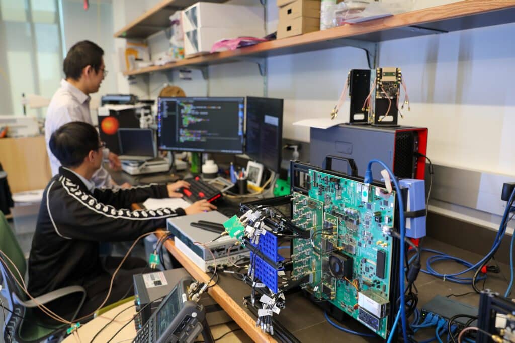 Wireless research hardware and circuit boards in a Duke laboratory